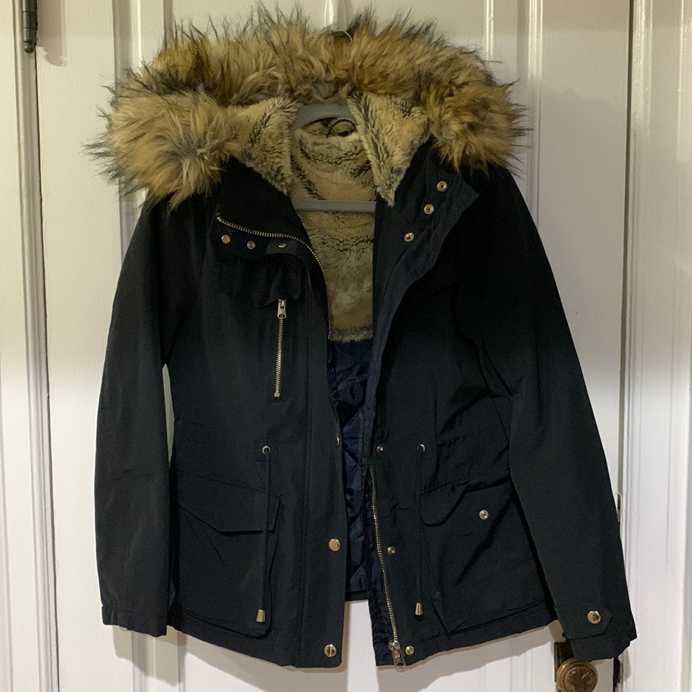 TOPSHOP faux fur hooded coat navy size 6